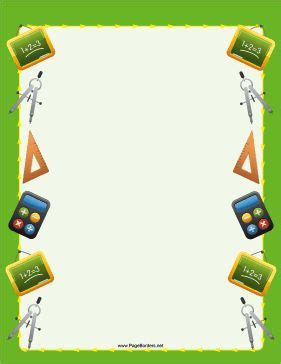 The math pictures on this printable green border are school supplies such as calculators ...