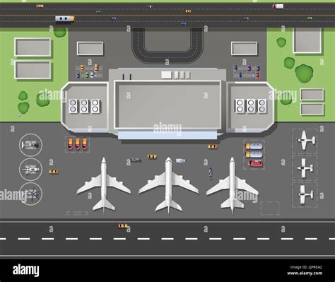 Airport terminal top view. Cartoon hangars, runway, cargo and passenger ...