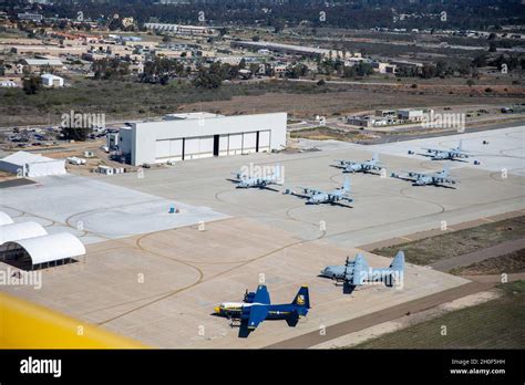 An aerial view of the flight line on Marine Corps Air Station Miramar ...