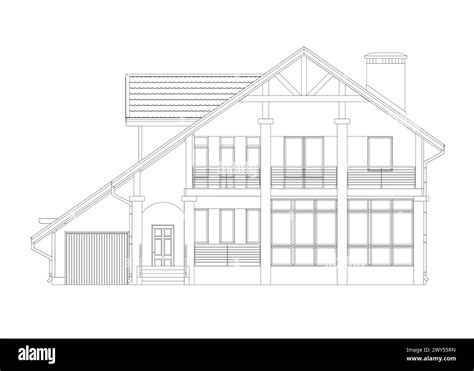 Outline suburban house model. Drawing of the modern building. Cottage project on white ...