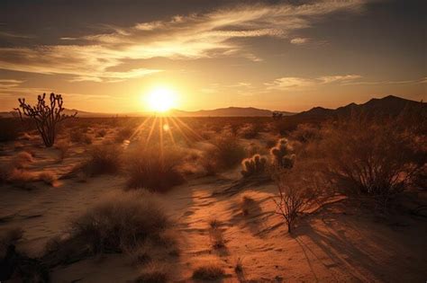 Desert sunset with clouds and sun setting behind the horizon | Premium AI-generated image