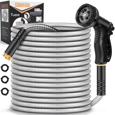 Tuzoc Metal Garden Hose 100FT, Stainless Steel Heavy Duty Water Hose With 10 Function Nozzle, No ...