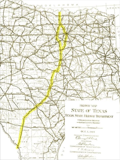 Interstate 35 highlighted over 1919 Road Map of Texas : MapPorn