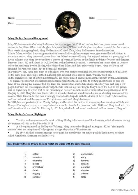 Mary Shelley Biography Comprehensio…: English ESL worksheets pdf & doc