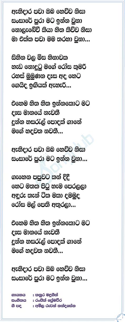 Ahi Dara Pawa Oba Hewwa Nisa (Cover) Song Sinhala Lyrics