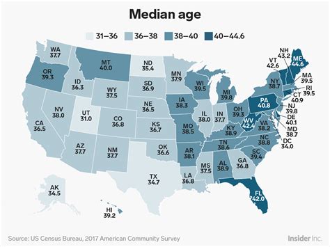 State median age map: How old the typical person is in each US state ...