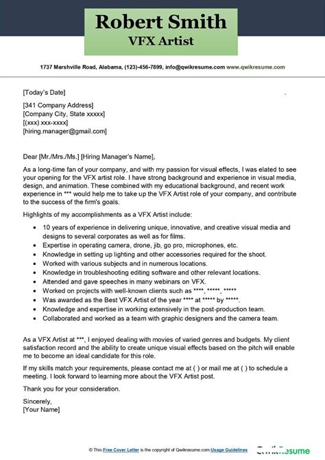 VFX Artist Cover Letter Examples - QwikResume