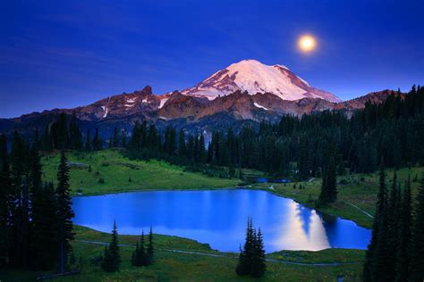 Washington Lake Mountains Landscape Moon Moonlight Night Reflection ...