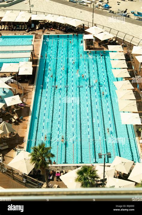 Swimmers in the pool of the Dan Tel Aviv Hotel as photographed from a ...