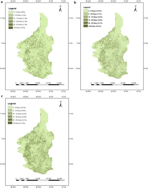 a Soil erosion map (t/ha/yr) (Scenario I). b Soil erosion map (t/ha/yr)... | Download Scientific ...