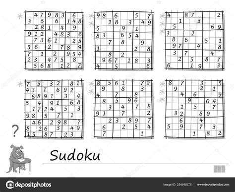 Set Sudoku Puzzles Difficulty Levels Logic Game Children Adults Printable Stock Vector by ...