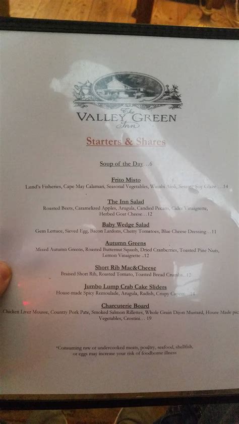 Menu at Valley Green Inn restaurant, Philadelphia