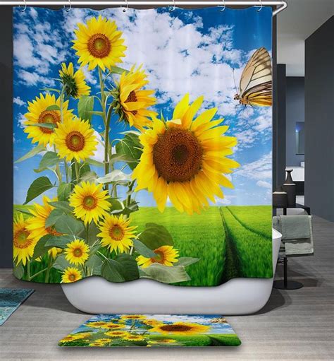 Sunflowers Field Shower Curtain, Blue Sky, Natural Flower Bathroom Decor | GoJeek | Cheap shower ...