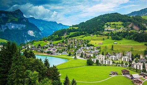 On Switzerland Alps, forest, buildings, houses, town, bonito, clouds, lake, cliffs, HD wallpaper ...