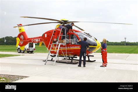 A Eurocopter EC135 helicopter used by the East Midlands Air Ambulance service emergency rescue ...