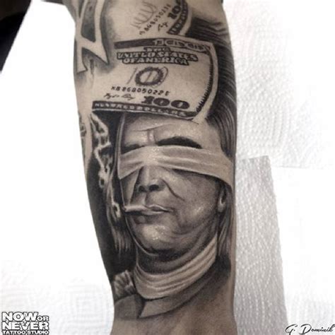 black and grey realistic Benjamin Franklin tattoo