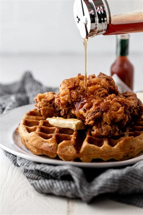 Fried Chicken and Waffles with Hot Sauce Maple Syrup - Cooking with Cocktail Rings