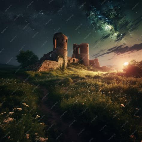 Premium AI Image | A castle in the night sky with the moon in the ...