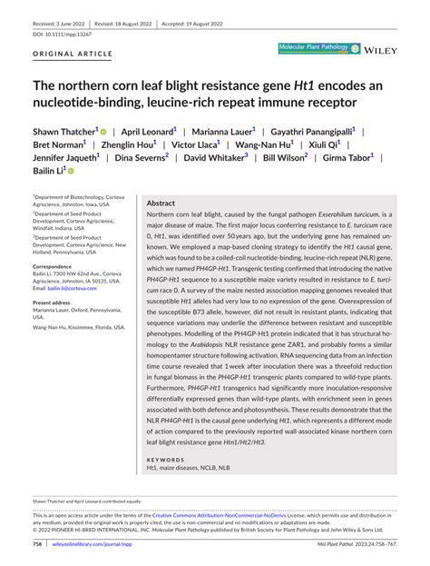 (PDF) The northern corn leaf blight resistance gene Ht1 encodes an nucleotide‐binding, leucine ...