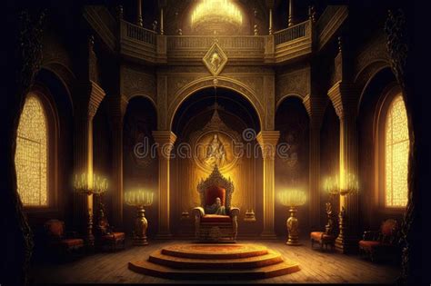 A Golden Filigree Throne Room in a Medieval Castle King Sitting on the ...