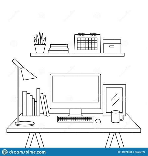 Office desk line art drawing vector doodle desk with a computer and ...