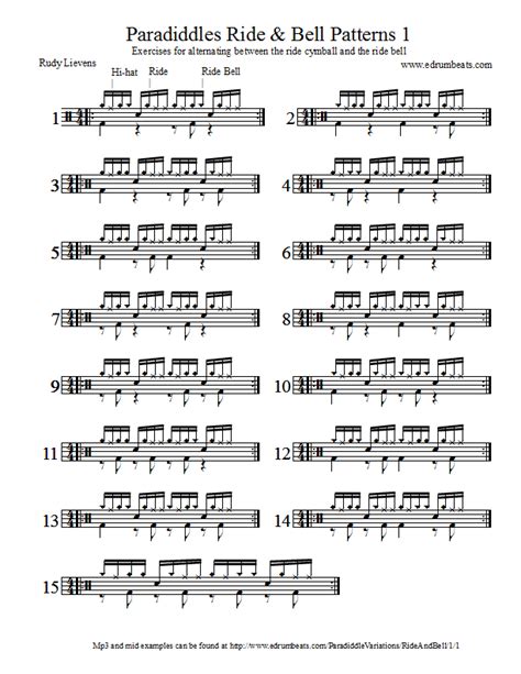 Lesson 1 contains 15 paradiddle beats. Sixteenth note paradiddles between ride, ride bell and hi ...