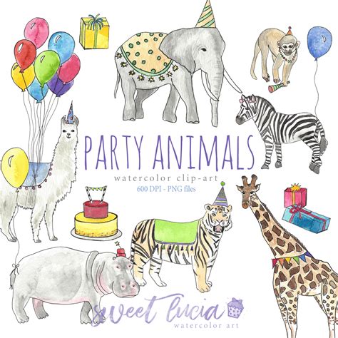 Watercolor Clipart Party Animals Set, Giraffe, Elephant, Monkey, Hippo ...