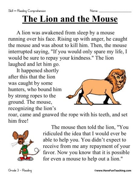 Reading Comprehension Worksheet - The Lion and the Mouse