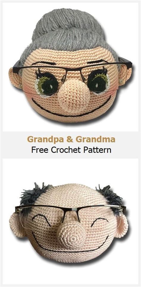 two crocheted faces with glasses on them and the words grandpa & grandma free crochet pattern