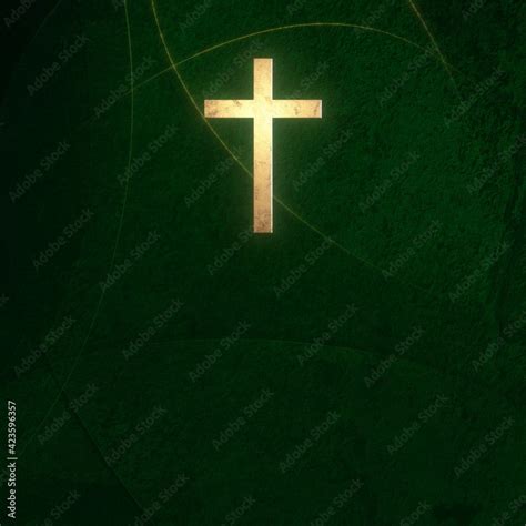 Golden Christian Cross on liturgic green square banner background ...