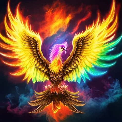 Rainbow phoenix rising, chest up and wings out, blac...