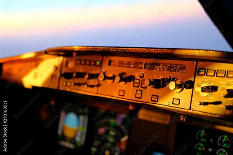 Airbus A320 flight deck and cockpit during flight. Overhead panel ...