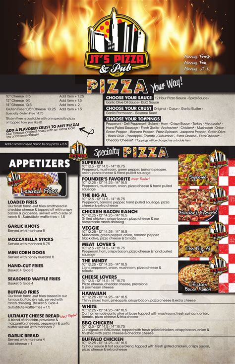 JT's Pizza, Pub, & Patio menu in Columbus, Ohio, USA