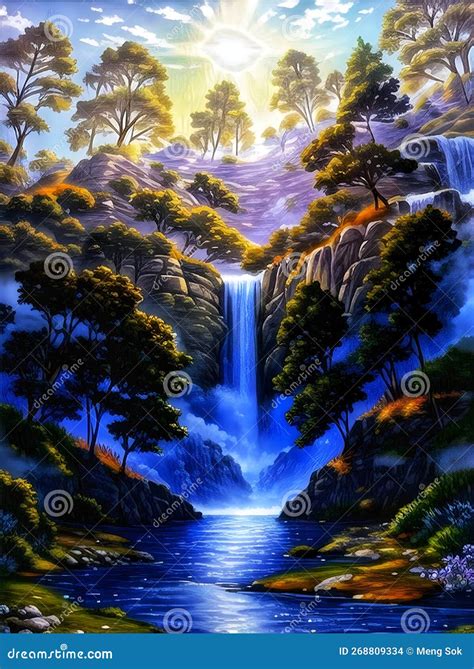 Waterfall Painting with Beautiful Scenery. Landscape with Trees, Rocks and Waterfalls. Beautiful ...