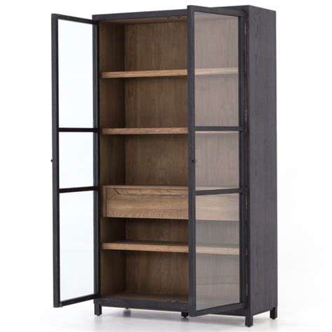 Millie Modern Drifted Black Oak Wood Glass Door Display Cabinet | Zin Home