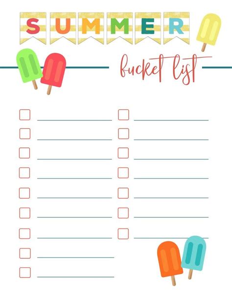 Free Printable Summer Bucket List Template