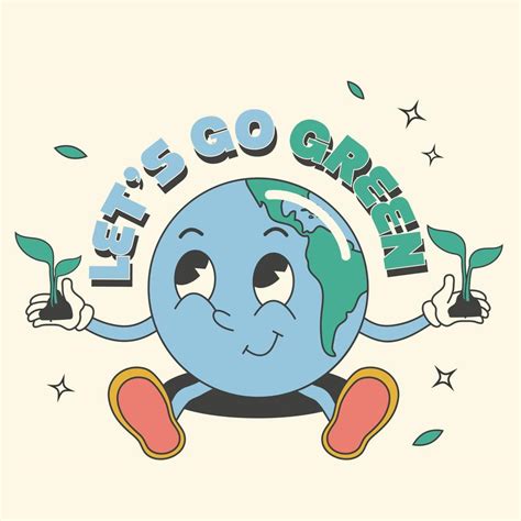 Y2k groovy earth day cartoon poster, card. Environmental protection. Let's go green slogan ...