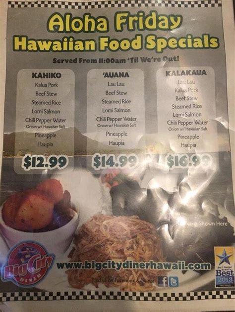 Menu at Big City Diner restaurant, Waipahu, 94-800 Ukeʻe Street #305