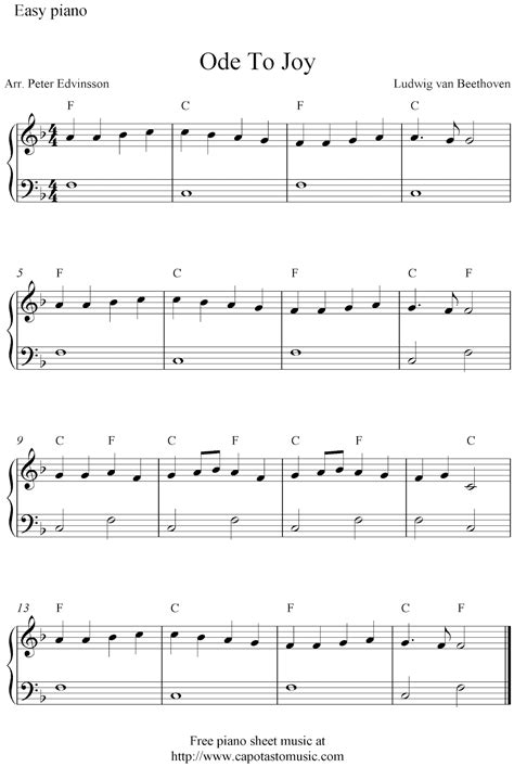 Easy piano solo arrangement of the melody Ode To Joy by Ludwig van Beethoven. Printable fre ...