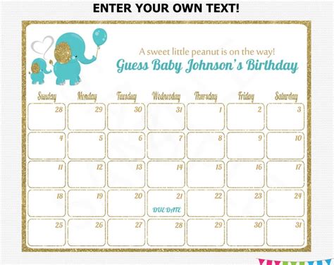 Baby Due Date Calendar Teal Gold Baby Shower Printable - Etsy