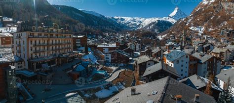 Aerial view on Zermatt Valley town and Matterhorn Peak in the ...