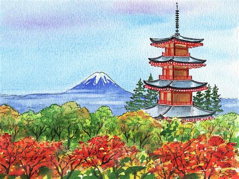 Fall In Japan Mountain Fuji And Chureito Pagoda Painting Painting by Irina Sztukowski - Pixels