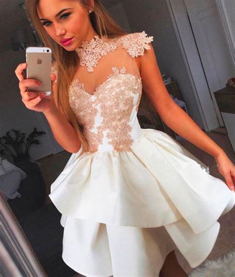 Cute white lace short prom dress, cute homecoming dress – shdress