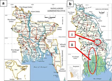 Location map: (a) Bangladesh, (b) Khulna Division showing location of ...