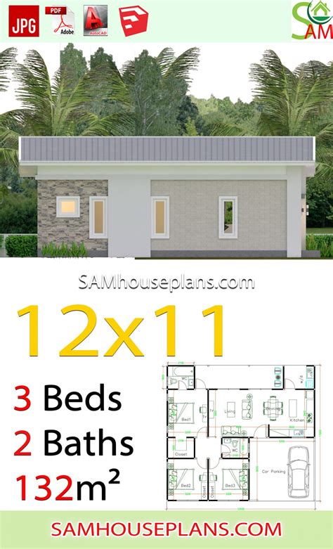 House Plans 12x11 with 3 Bedrooms Shed roof The House has:-Car Parking ...