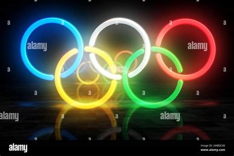 Poznan, Poland, January 7, 2024: Olympic rings neon symbol. International Olympic Games sign ...