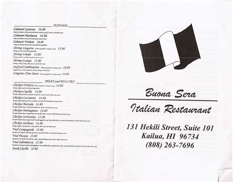 Buona Sera Menu, Menu for Buona Sera, Kailua, Rest of Hawaii ...