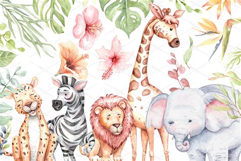 Watercolor safari animals and jungle element images. By SapG Art | TheHungryJPEG