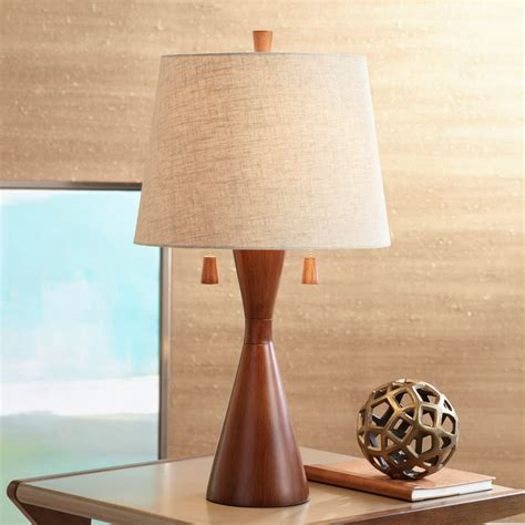 360 Lighting Modern Table Lamp Warm Brown Wood Hourglass Oatmeal Fabric Tapered Drum Shade for ...