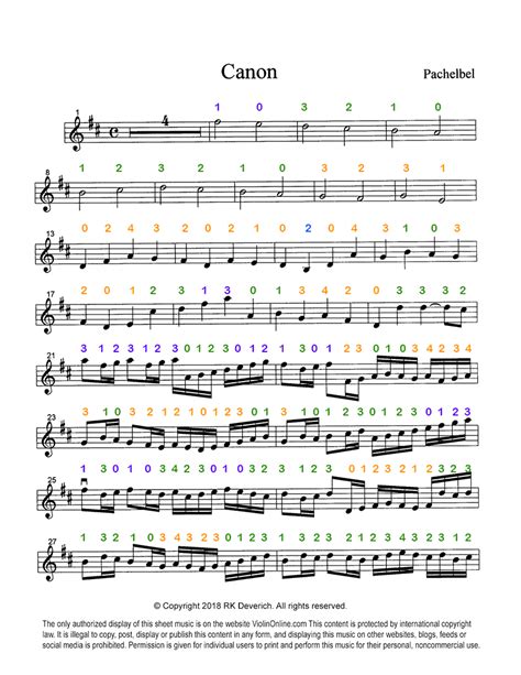 Violin Online ColorAll Fingering - Pachelbel's Canon Violin Sheet Music